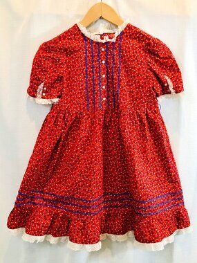 Vintage 1970s Red Ditsy Floral Cotton Dress Girls' Size 8-10 Handmade Fashion
